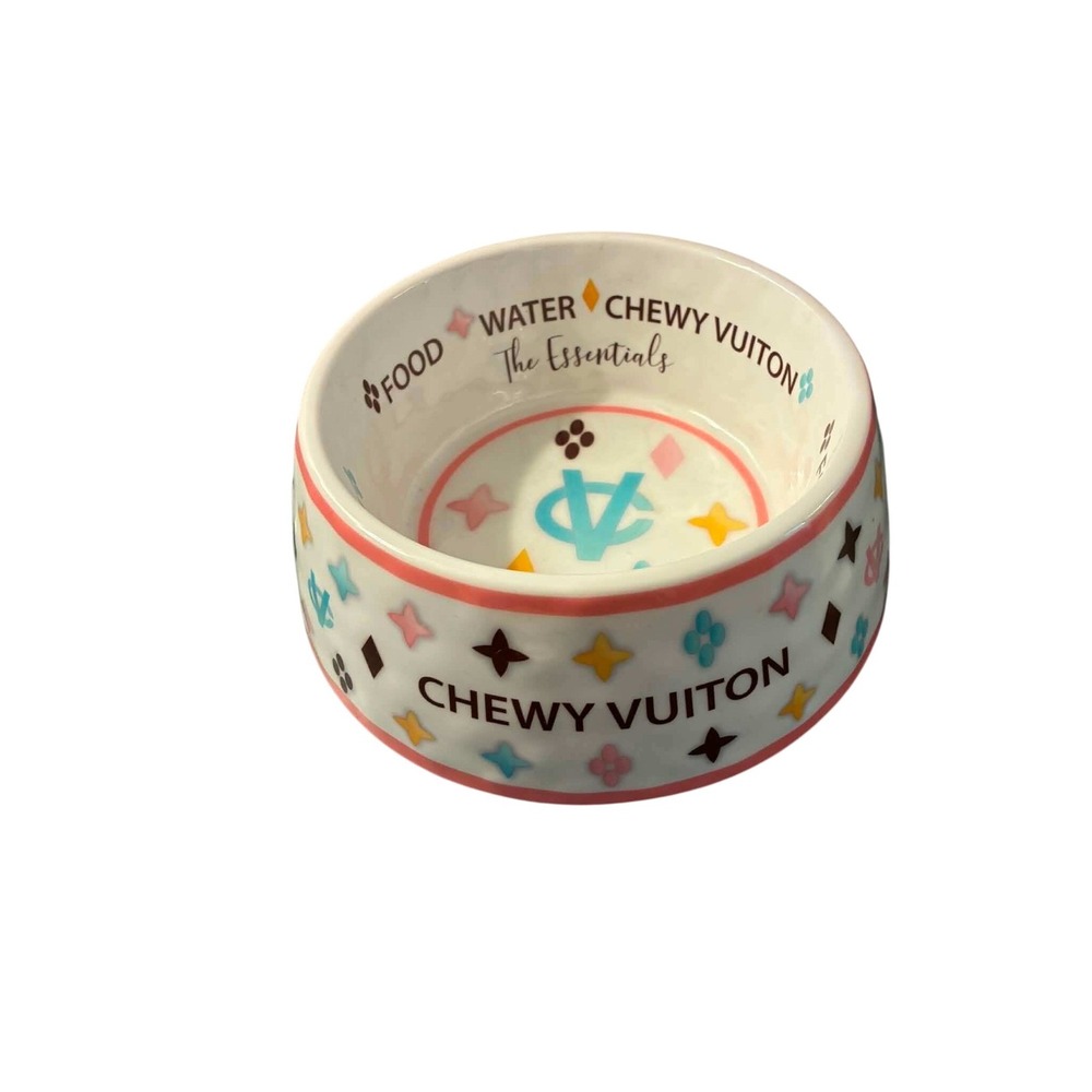 Haute Diggity Dog Chewy Vuiton Ceramic Pet Bowl Medium White Pink Food Water